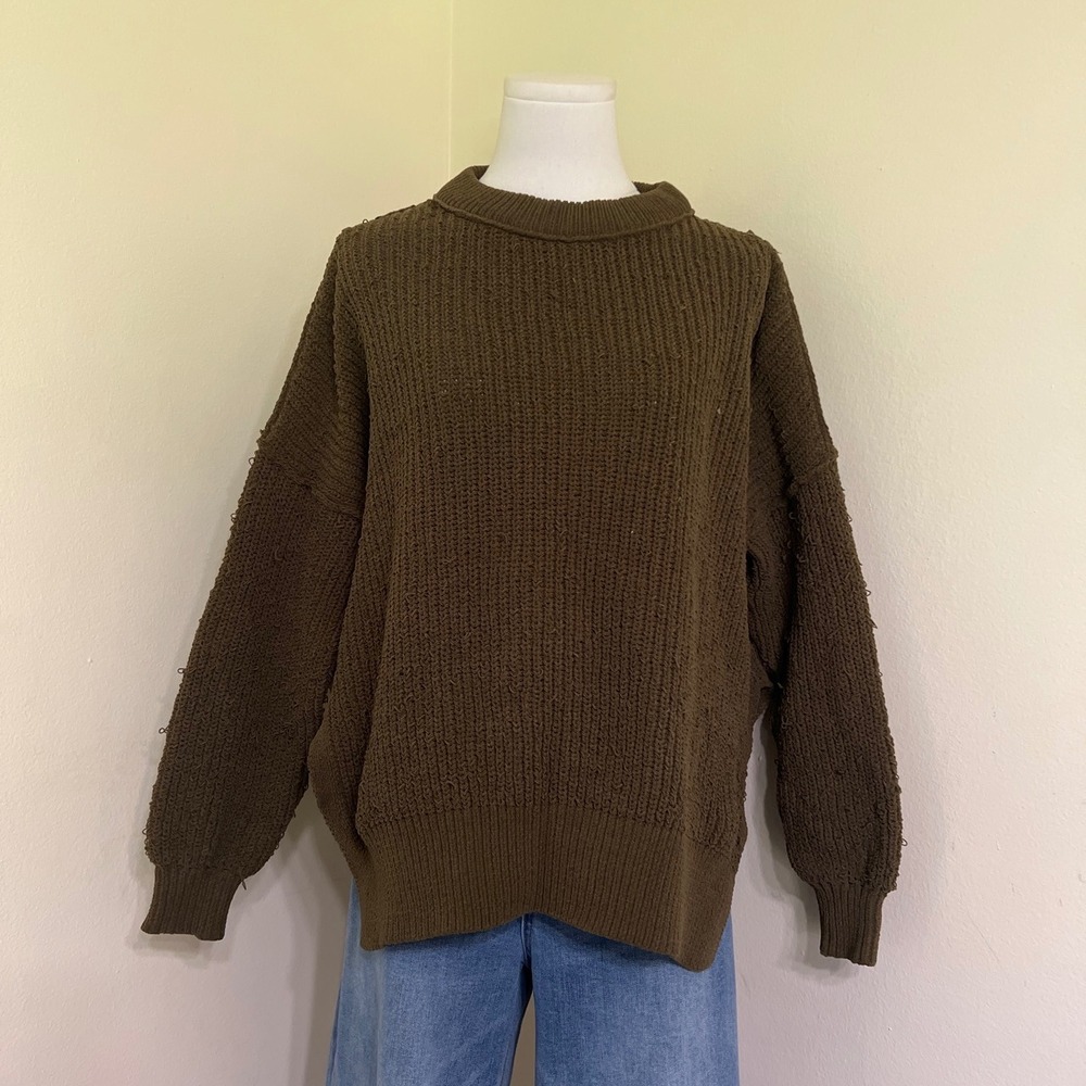 Aerie Distressed Shaker Stitch Oversized Sweater Olive Brown XS